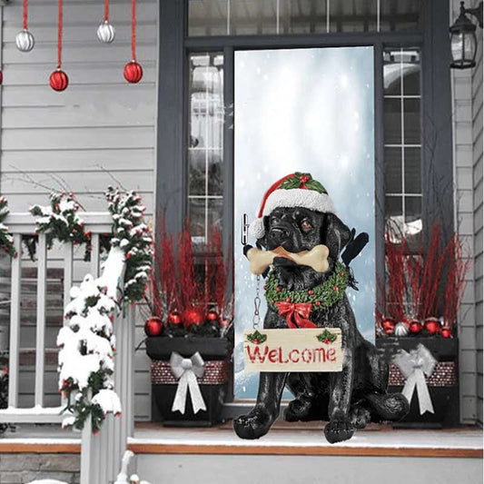 Holiday Welcome Dog Statue With Santa Hat