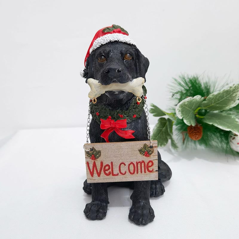 Holiday Welcome Dog Statue With Santa Hat