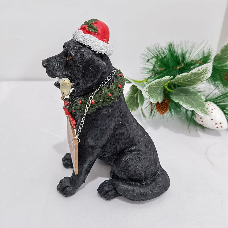 Holiday Welcome Dog Statue With Santa Hat