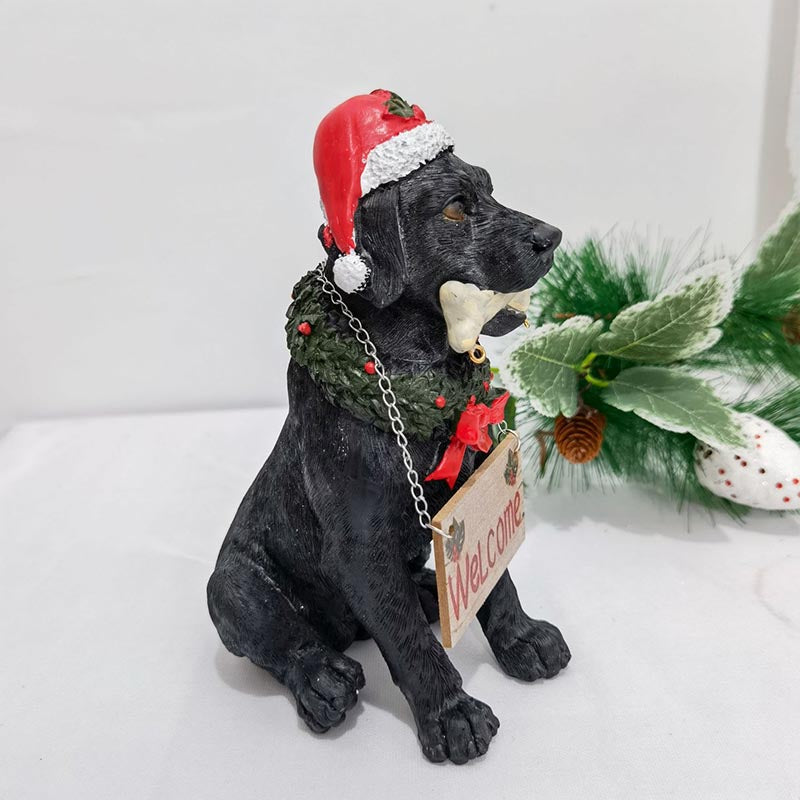 Holiday Welcome Dog Statue With Santa Hat