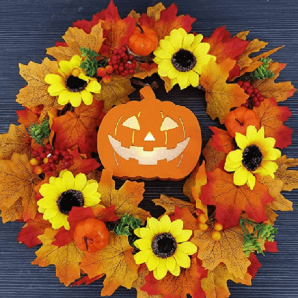 Glowing Pumpkin Wreath Door Decoration Hanging Wreath - Autumns Harvest Halloween Decoration Indoor Outdoor Decor