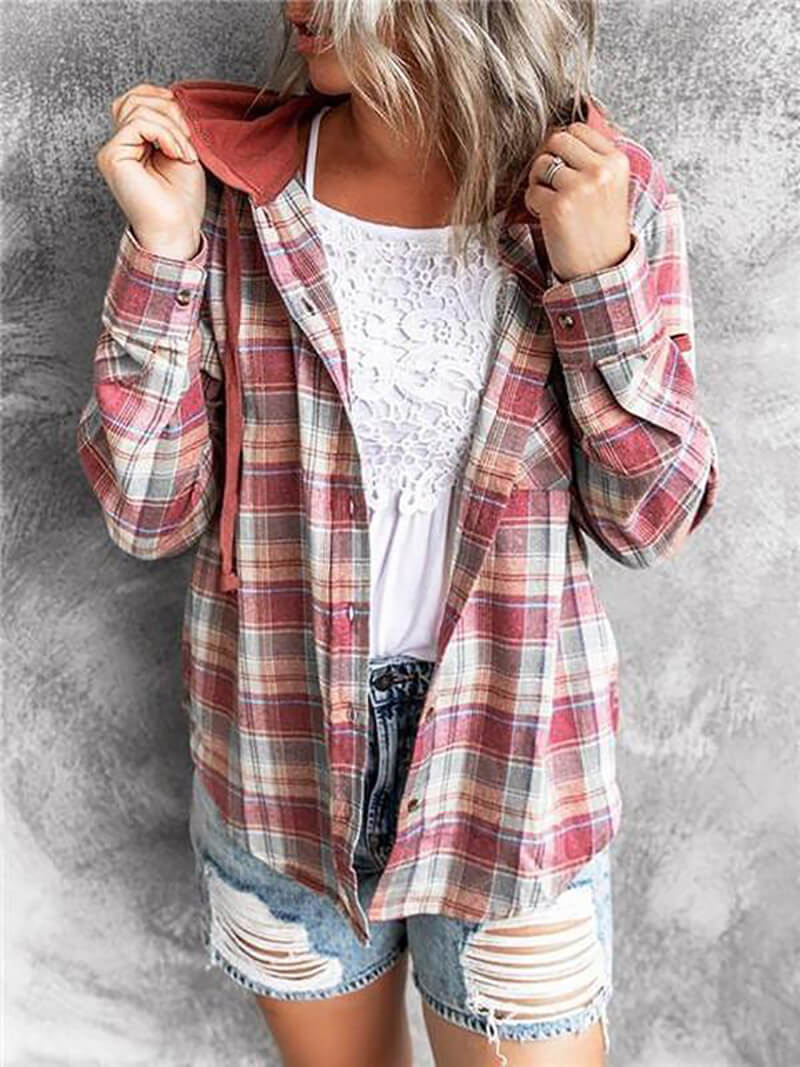 90s Checkered Hoodie Button-Up Top