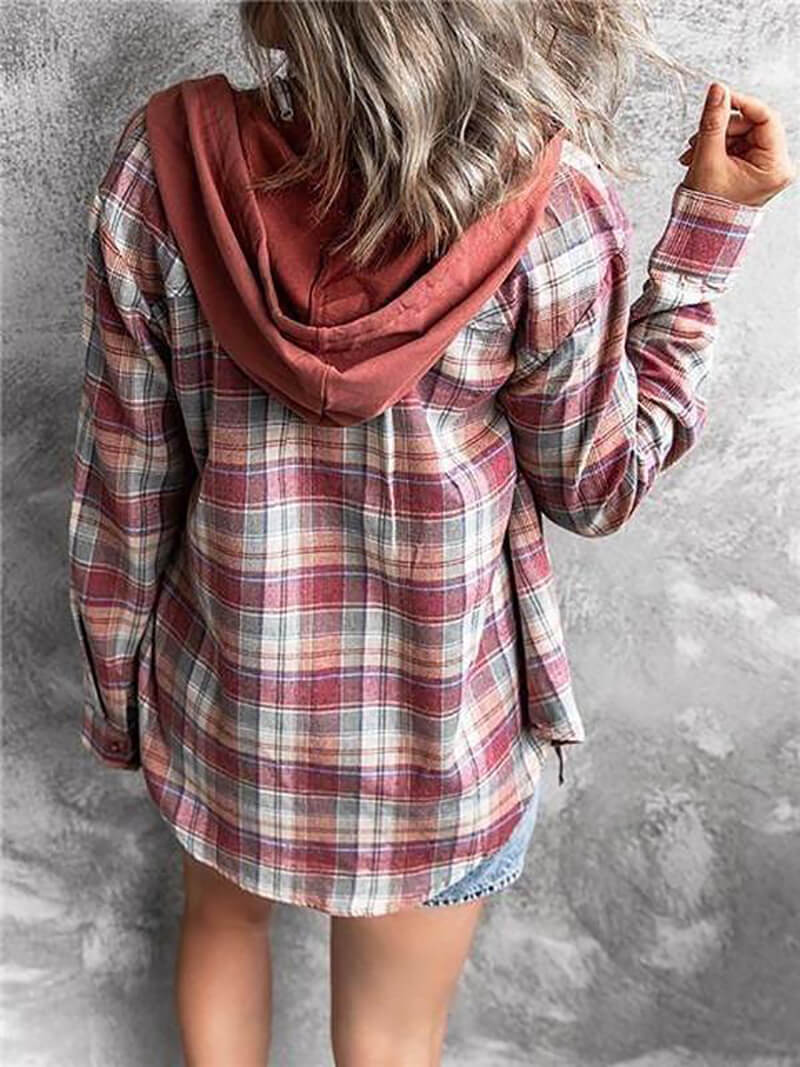90s Checkered Hoodie Button-Up Top