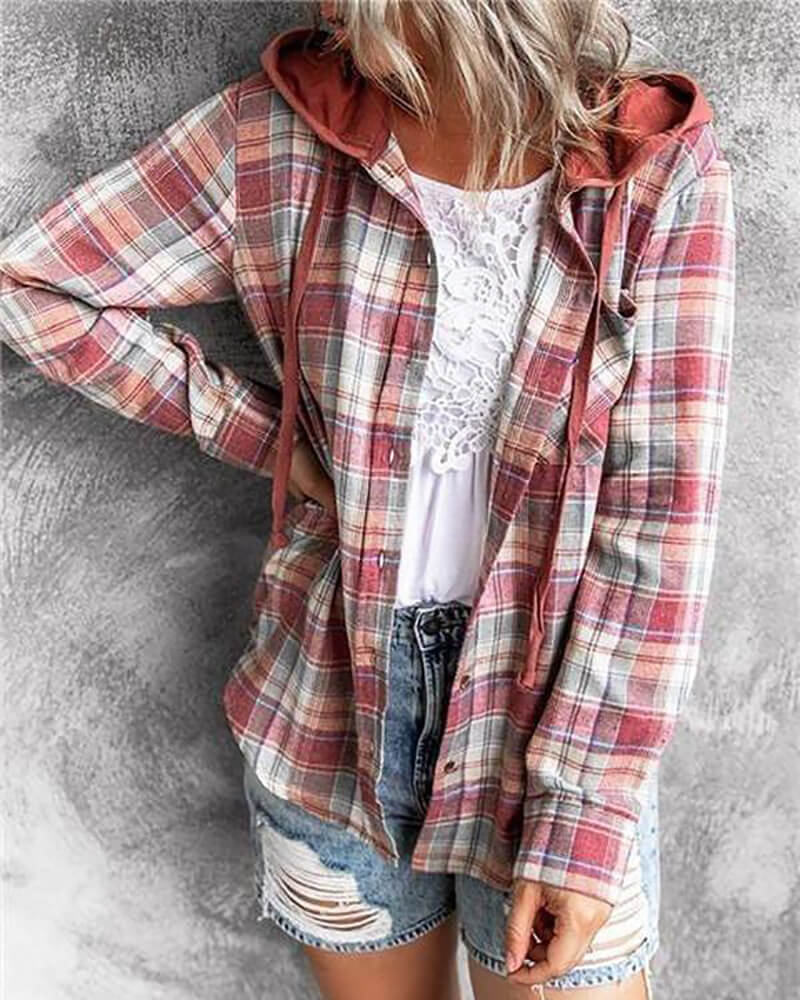 90s Checkered Hoodie Button-Up Top
