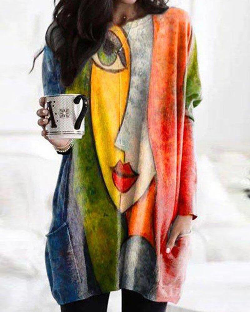 Hello Picasso Bold Print Long-Sleeve Pocket Top