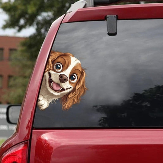 Cavalier King Charles Spaniel Dog - Peekaboo Dog Head Car Sticker - DS045