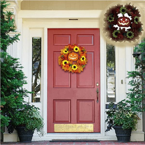 Glowing Pumpkin Wreath Door Decoration Hanging Wreath - Autumns Harvest Halloween Decoration Indoor Outdoor Decor