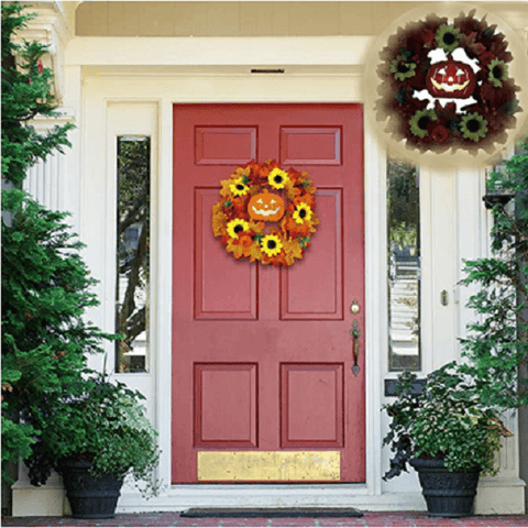 Glowing Pumpkin Wreath Door Decoration Hanging Wreath - Autumns Harvest Halloween Decoration Indoor Outdoor Decor