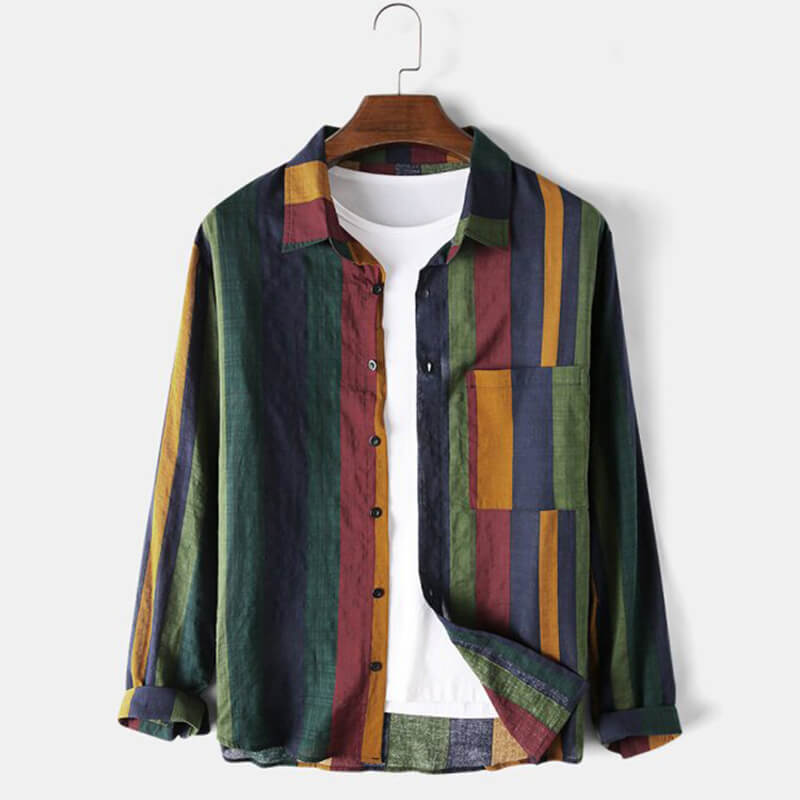 2022 Men's Striped Cotton Linen Breathable Long Sleeve Shirt