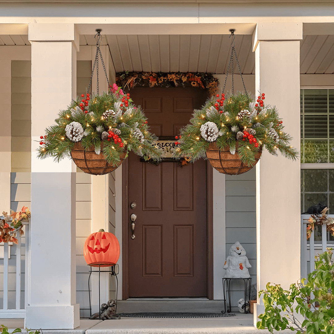 🎄Pre-lit Artificial Christmas Hanging Basket - Flocked with Mixed Deco ...