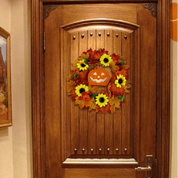 Glowing Pumpkin Wreath Door Decoration Hanging Wreath - Autumns Harvest Halloween Decoration Indoor Outdoor Decor