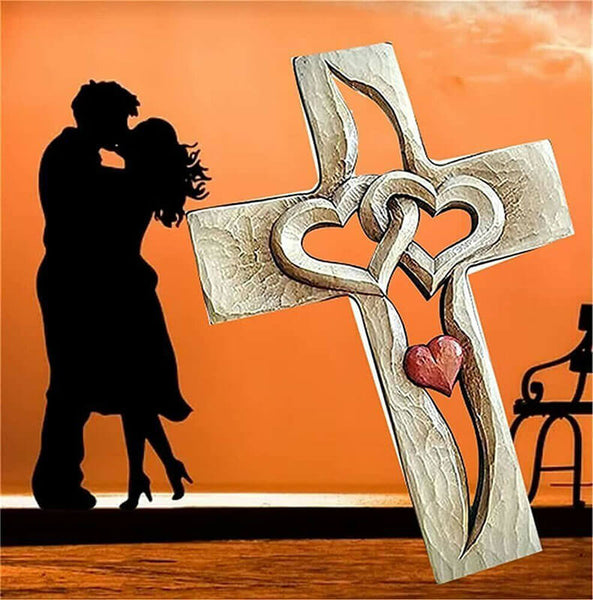 Carved Wooden Cross - Intertwined Hearts