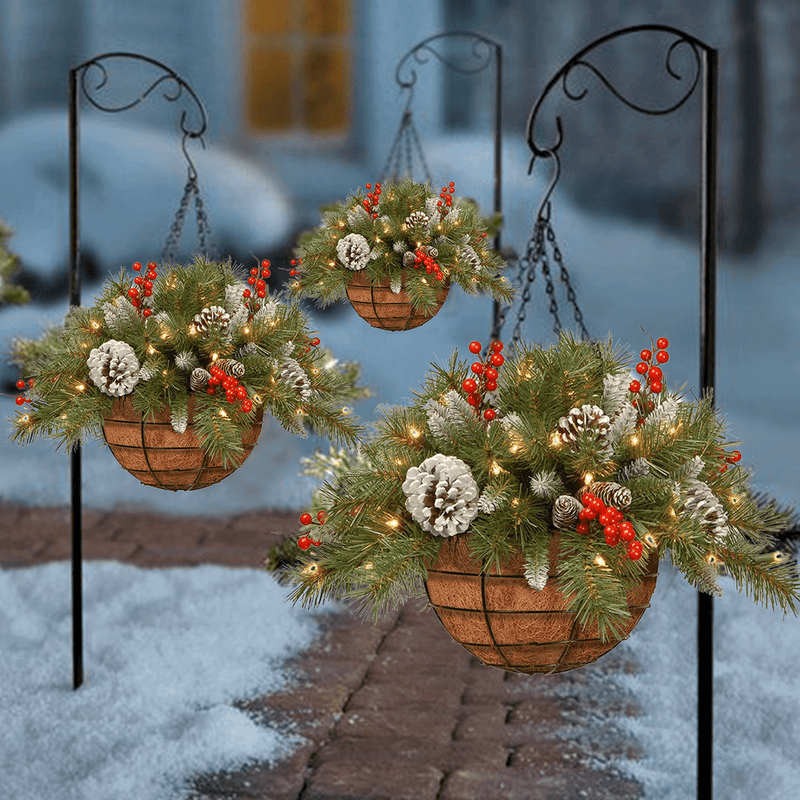 🎄Pre-lit Artificial Christmas Hanging Basket - Flocked with Mixed Deco ...