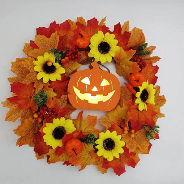 Glowing Pumpkin Wreath Door Decoration Hanging Wreath - Autumns Harvest Halloween Decoration Indoor Outdoor Decor