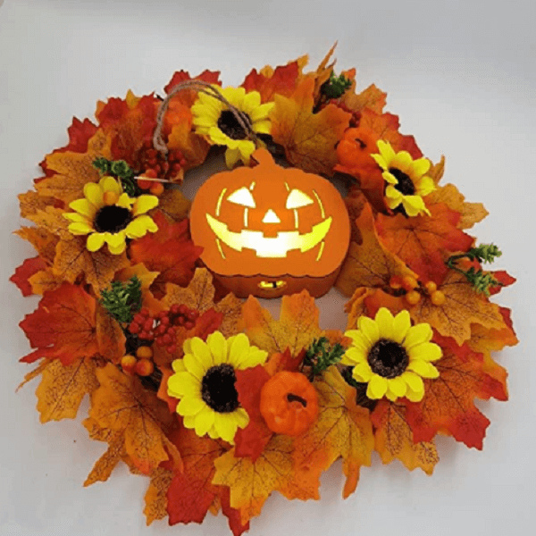 Glowing Pumpkin Wreath Door Decoration Hanging Wreath - Autumns Harvest Halloween Decoration Indoor Outdoor Decor