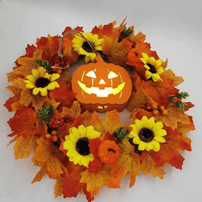 Glowing Pumpkin Wreath Door Decoration Hanging Wreath - Autumns Harvest Halloween Decoration Indoor Outdoor Decor