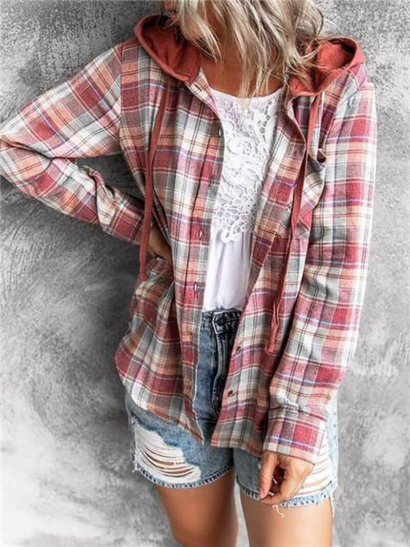 90s Checkered Hoodie Button-Up Top