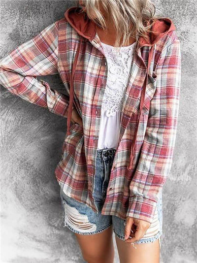 90s Checkered Hoodie Button-Up Top