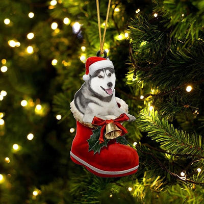 Grey Husky In Santa Boot Christmas Hanging Ornament SB048